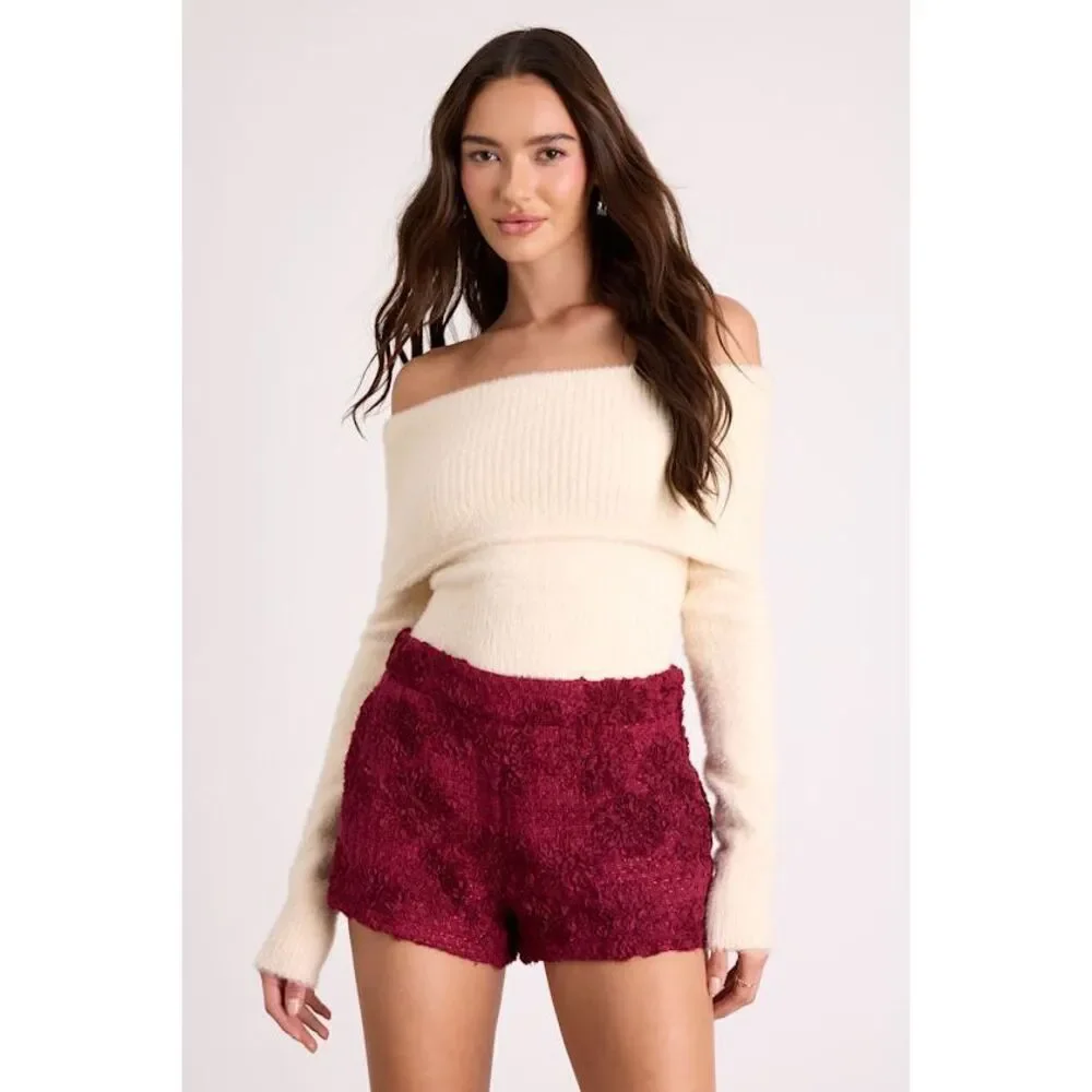 NWT Lulus Mulvaney Burgundy Tweed Textured Micro Shorts - Size S